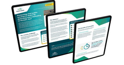 Socura CymruSOC case study displayed across three tablet screens.